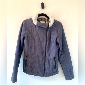 Bench Denim Blue Bomber Zipper Jacket Faux Shearling Collar Women’s Size S